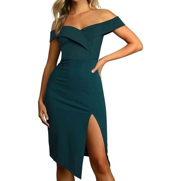 New Womens Off The Shoulder Dresses Cocktail Party Bodycon Split green - Picture 1 of 7